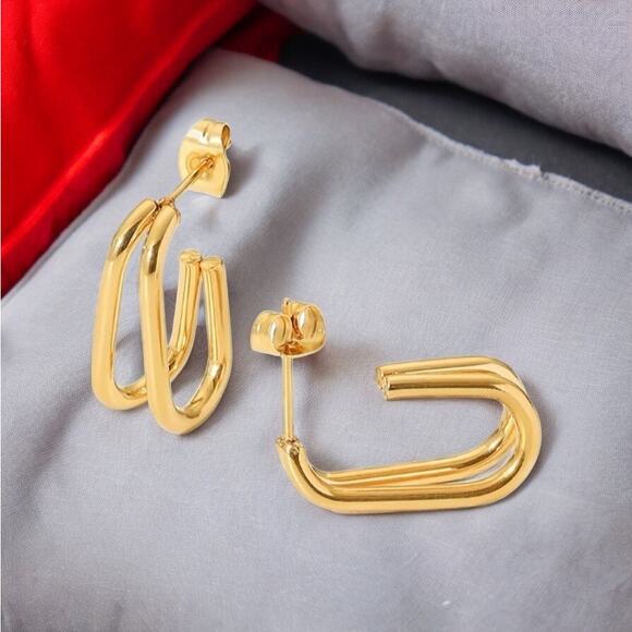 NEW 18K yellow gold plated double layer C shaped hoop drop earrings jewelry B15A - Picture 4 of 6